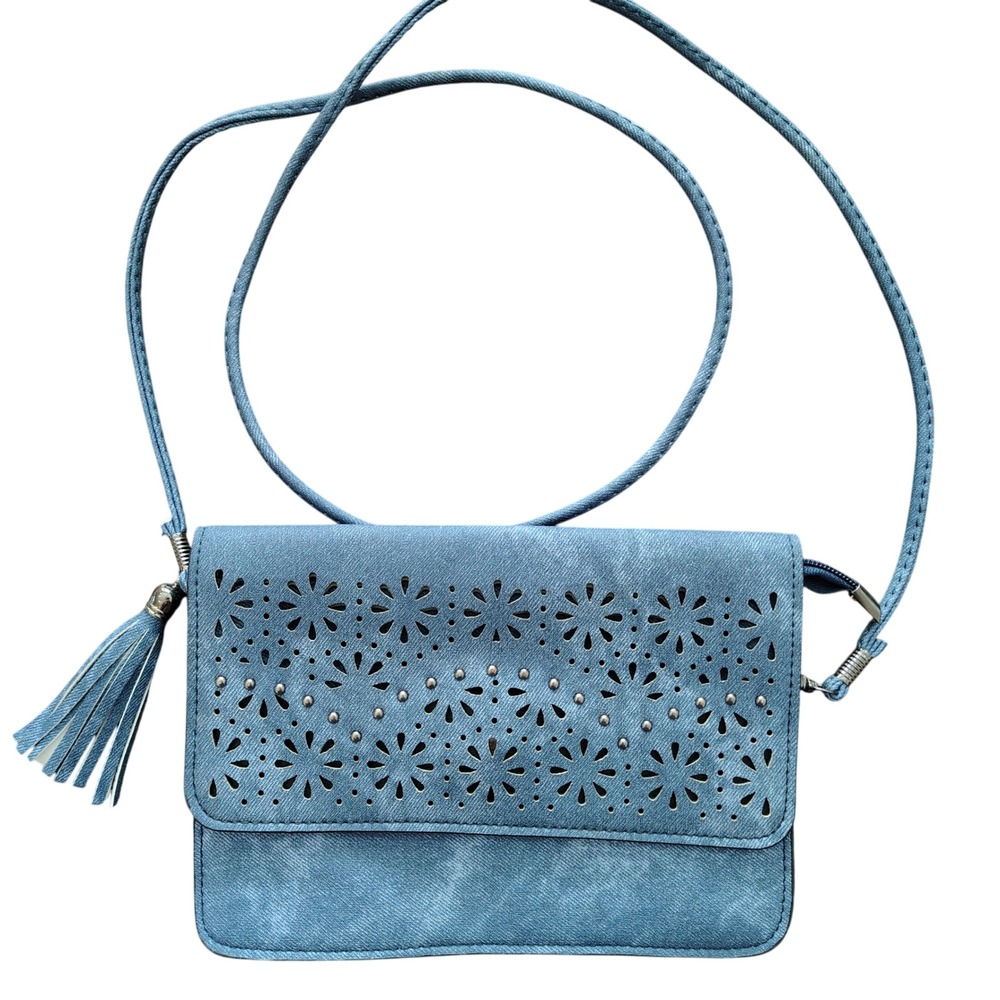 NWOT Gold Coast Crossbody Bag Denim Blue Floral‎ Cutout Tassel Lightweight